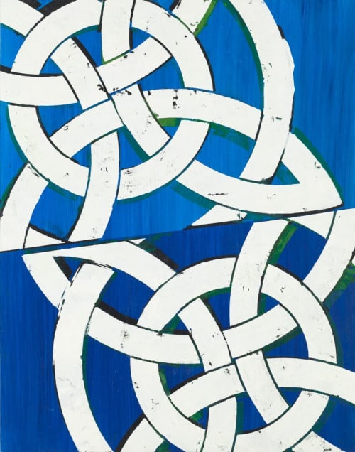 "Blue Cheer" Moroccan interlocking pattern in white and royal blue. Augustus Owsley Stanley III-inspired title | Oil And Acrylic Painting in Paintings by Margaret Lanzetta. Item made of wood with synthetic