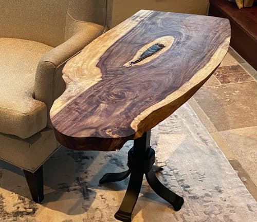 Live Edge Rosewood End Table with arrowhead and copper inlay | Tables by Natural Wood Edge Creations by Rick Griggs. Item made of copper with stone