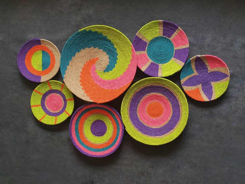 7 Pieces Natural Baskets for Boho Wall Decor | Decorative Plate in Decorative Objects by Sarmal Design. Item composed of bamboo and cotton in boho or contemporary style