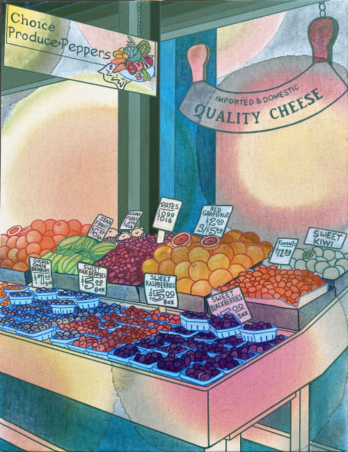 Market Stall | Oil And Acrylic Painting in Paintings by Elizabeth Gahan. Item composed of canvas & synthetic