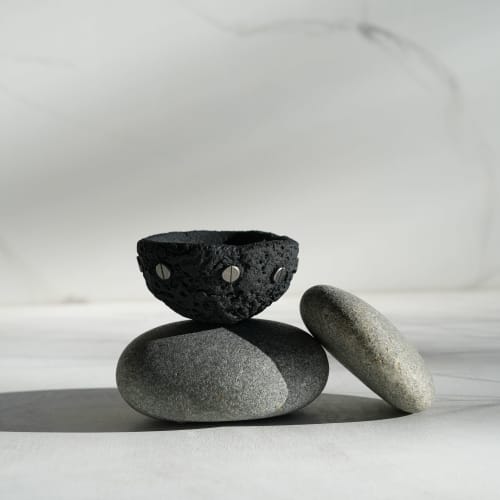 Small Treasure Bowl in Black Concrete with Silver Rivets | Decorative Bowl in Decorative Objects by Carolyn Powers Designs. Item made of brass with concrete works with minimalism & contemporary style