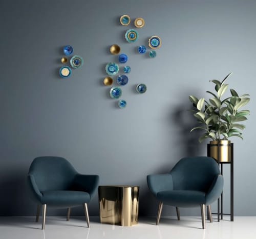 "Lotus" Aqua, Dark Aqua, Ivory and Gold | Sculptures by Debra Steidel. Item made of ceramic works with contemporary & coastal style