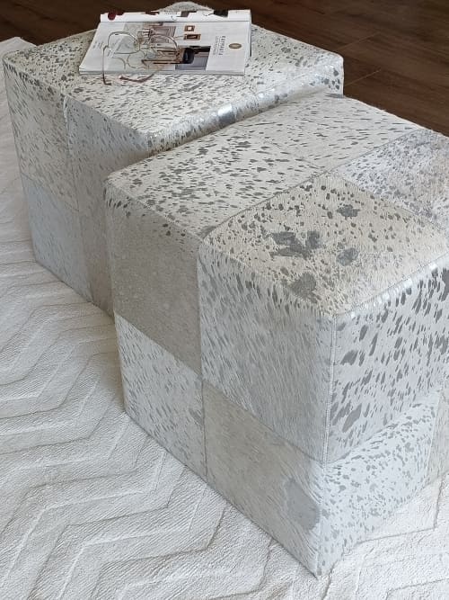 Handmade Leather Ottoman | Lax Design Silver on White Color | Benches & Ottomans by KAYMANTA. Item made of leather