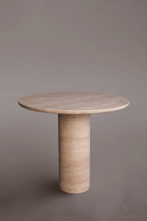 Bullet Leg Travertine Round Dining Table | Tables by HamamDecor LLC. Item made of marble compatible with mediterranean and modern style