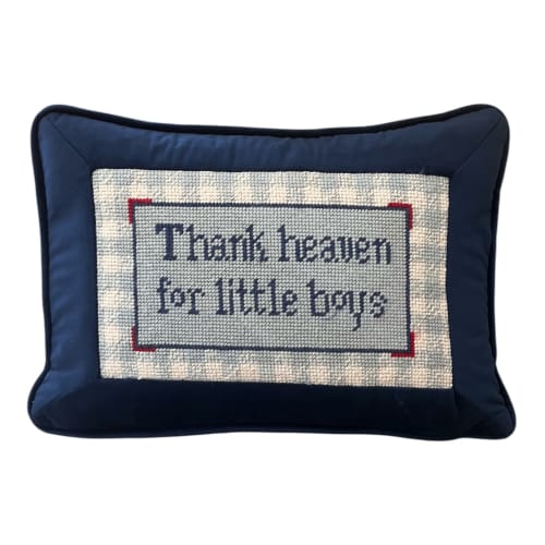 hand-embroidered THANK HEAVEN FOR LITTLE BOYS | Pillow in Pillows by Mommani Threads. Item made of wool works with contemporary & eclectic & maximalism style