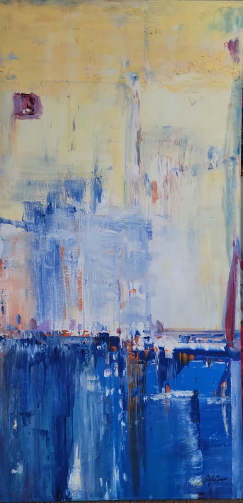 Red Sail - Ocean Harbor Abstract Original Painting | Oil And Acrylic Painting in Paintings by Twyla Gettert. Item made of canvas compatible with contemporary and coastal style