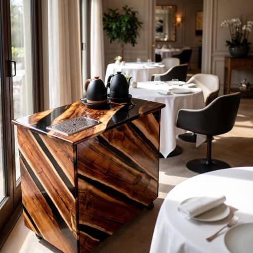 Sculptural Black Acacia & Resin Beverage Cart | Storage by DapperwoodSF