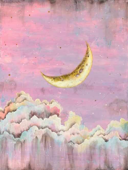 Cloudscape with waxing moon | Prints by Sarah Stivers | Red E Café in Portland. Item made of paper compatible with boho and minimalism style