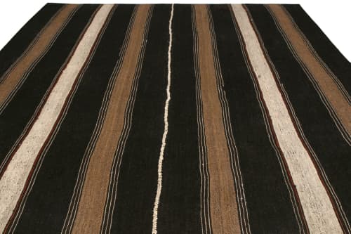 1950s Mid-Century Persian Kilim Black and Beige-Brown Stripe | Area Rug in Rugs by Rug and Kilim