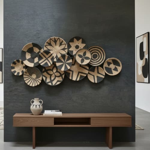 Dark Gray Big African Wall Plates Set Of 13 For Living Room | Decorative Plate in Decorative Objects by Sarmal Design. Item composed of bamboo and cotton in boho or mid century modern style