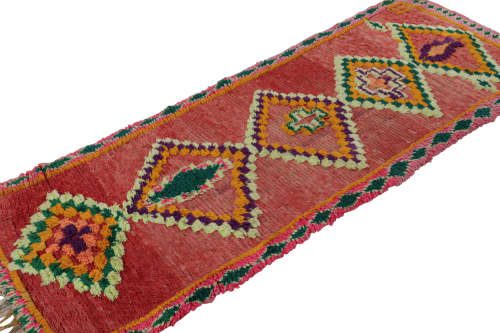 Vintage Moroccan Runner Rug in Red with Diamond Medallions | Area Rug in Rugs by Rug and Kilim