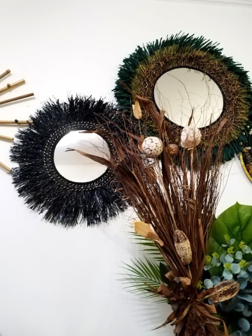 Raffia Mirror, Single Round Raffia Mirror, Boho Mirror | Decorative Objects by Magdyss Boutique. Item composed of bamboo & cotton compatible with boho and contemporary style
