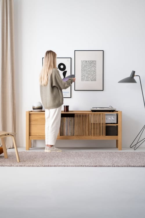 JAMM LOW 160 - record player stand with storage made of soli | Media Console in Storage by Mo Woodwork. Item made of oak wood works with minimalism & mid century modern style