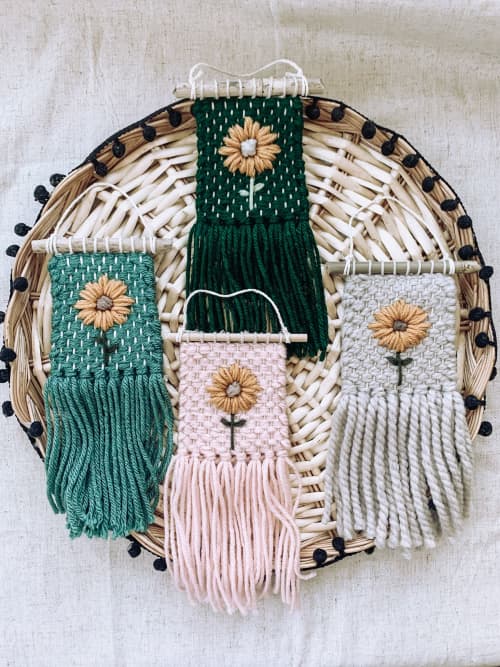Mini Woven Wall Hanging Decor - Sunflower Embroidery | Macrame Wall Hanging in Wall Hangings by Hippie & Fringe. Item made of fiber