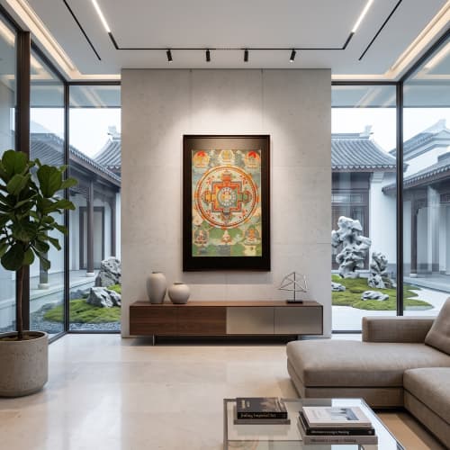 Imperial Yunjin Silk Manjushri Mandala Thangka | Embroidery in Wall Hangings by Dynasty Artisan. Item composed of wood and fabric in contemporary or eclectic & maximalism style