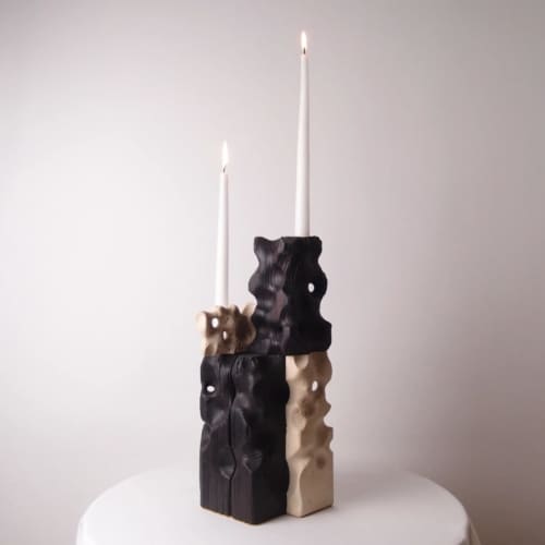 Holey Tower Candle Holder — Beam Wood & Stone | Decorative Objects by Gabor Gobi. Item composed of wood and stone