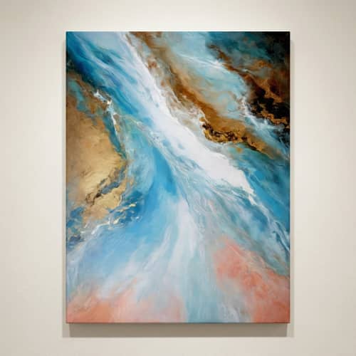 Azure Currents — Abstract Canvas Artwork in Blue and Coral | Prints in Paintings by Alpenglow Workshop. Item composed of canvas in contemporary or coastal style