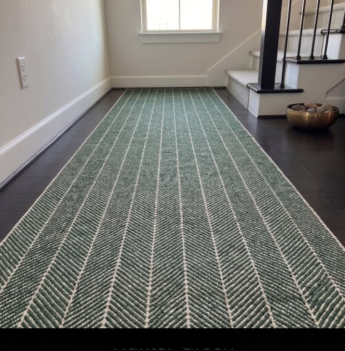Handwoven Woolen Green Runner Rug | Rugs by Evergreen Carpets. Item made of wool works with boho & minimalism style
