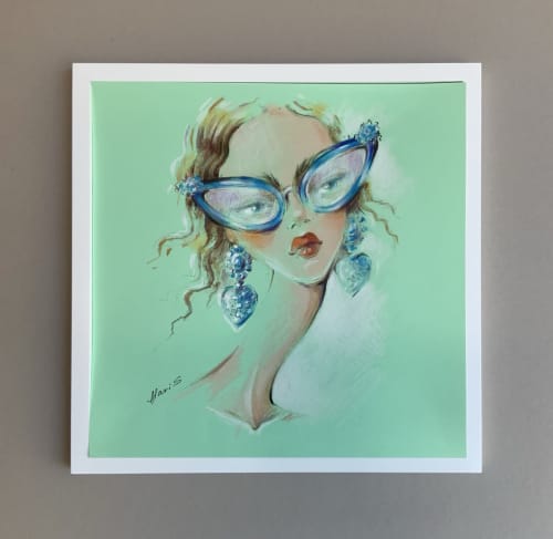 "Dreamer" 2 Original Fashion Illustration on color paper | Drawings by Marina Saba Fine Art. Item composed of paper compatible with contemporary and modern style