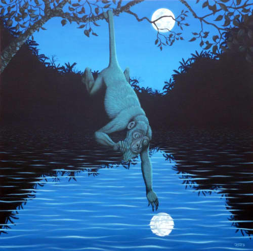 The Monkey and the moon | Oil And Acrylic Painting in Paintings by John Ives. Item composed of canvas and synthetic