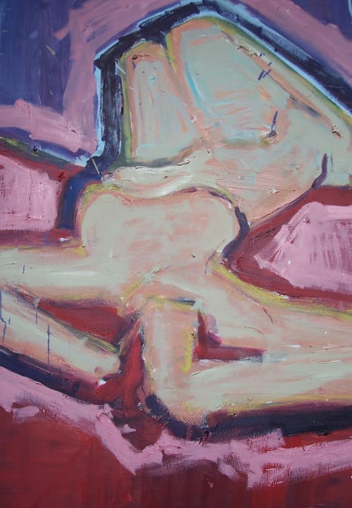 Nude Reclining, Purple Rug | Oil And Acrylic Painting in Paintings by Elisa Root. Item made of canvas works with contemporary & eclectic & maximalism style