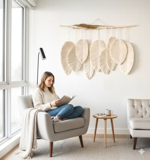 Large macrame feathers with 9 feathers - Different shapes | Macrame Wall Hanging in Wall Hangings by macramestories. Item composed of wood and cotton in boho style