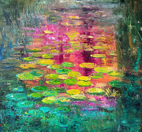 Moody Water Lilies II | Oil And Acrylic Painting in Paintings by Checa Art. Item composed of canvas and synthetic