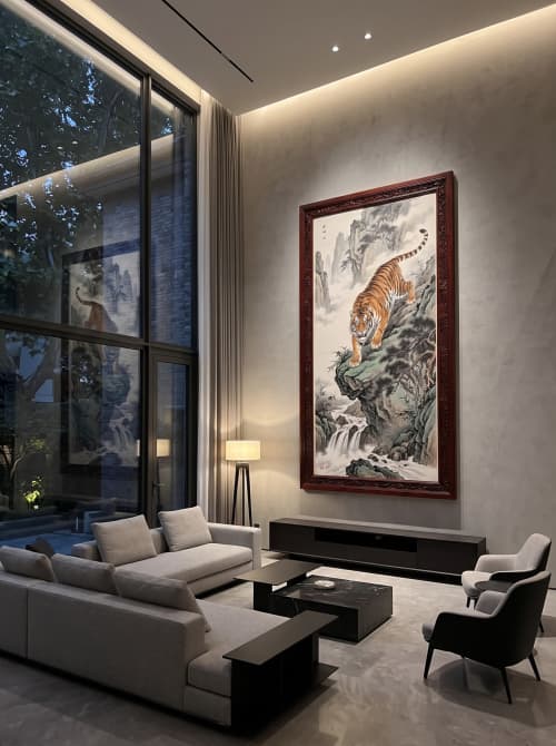 Hand-Painted Silk Gongbi Tiger Mountain Landscape Wall Art | Oil And Acrylic Painting in Paintings by Dynasty Artisan. Item composed of wood and fabric in contemporary or eclectic & maximalism style