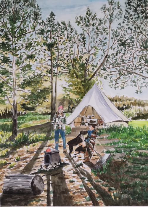 Camp with Dog, 2018, watercolor, 15 x 11 inches | Watercolor Painting in Paintings by Arran Harvey | San Francisco in San Francisco. Item composed of synthetic