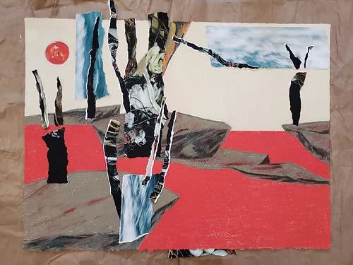 Collage Over The Sea Of Red | Drawings by Elvira Dayel. Item made of paper & synthetic