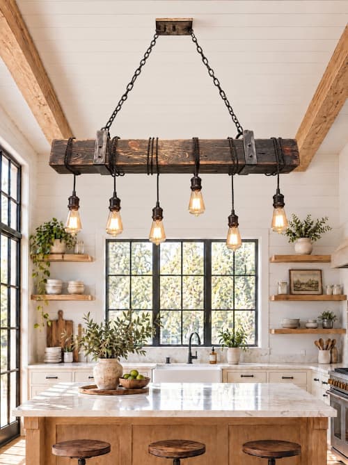Wood Beam Chandelier:Light Fixture, 6-Light | Chandeliers by Lakehouse Lighting. Item composed of wood & metal compatible with country & farmhouse and industrial style