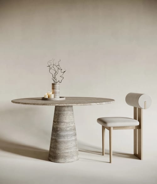 Italian Silver Travertine Round Table - Dining Room Table | Dining Table in Tables by TigerWoodAtelier. Item composed of marble compatible with minimalism and contemporary style