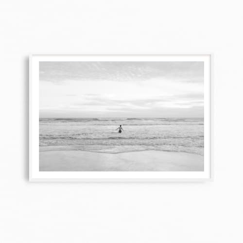 Black & white beach photography print, 'Monochrome Swimmer' | Photography by PappasBland. Item composed of paper in minimalism or contemporary style