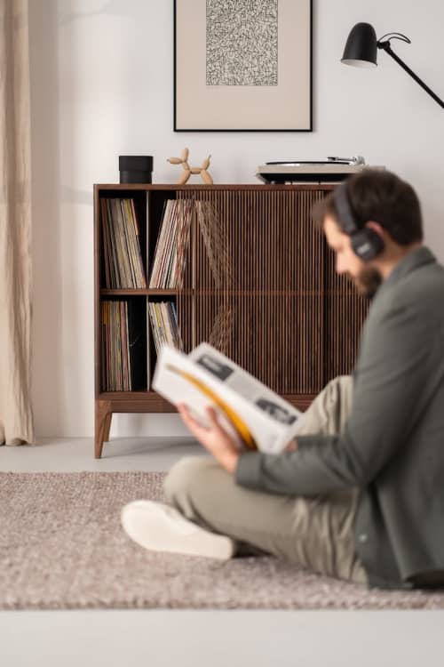 TONN HIGH 101 - Record player stand, vinyl record storage ma | Media Console in Storage by Mo Woodwork. Item composed of oak wood in minimalism or mid century modern style