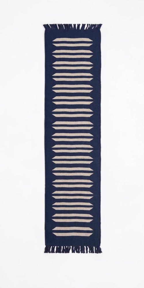 Handwoven Woolen Blue Runner Rug | Rugs by Evergreen Carpets. Item composed of wool in boho or minimalism style