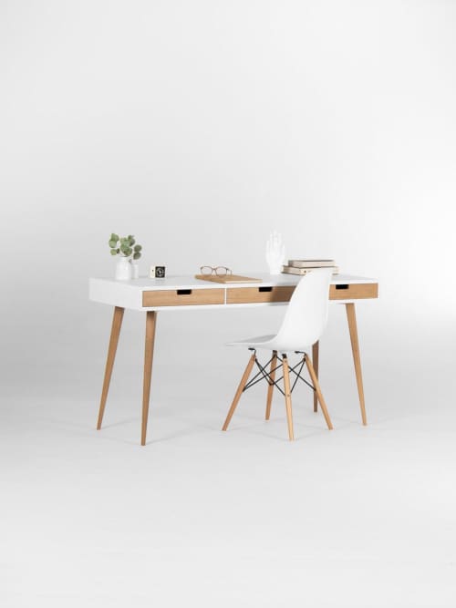 HEIM - White wooden desk with solid oak drawers, mid century | Tables by Mo Woodwork. Item made of oak wood