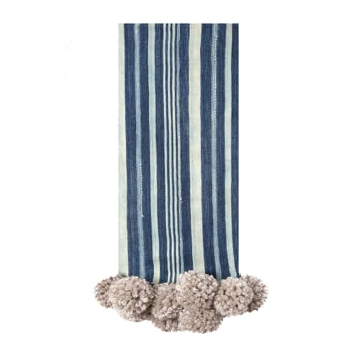 indigo stripe pom pom throw/oatmeal | Apparel in Apparel & Accessories by Charlie Sprout. Item made of fabric