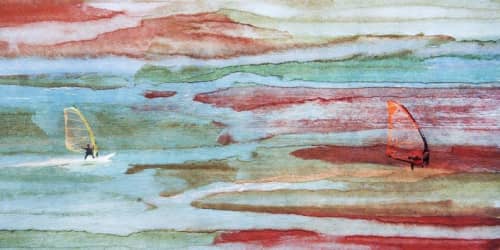 Malibu Windsurfers | Oil And Acrylic Painting in Paintings by Irena Orlov. Item composed of canvas & synthetic