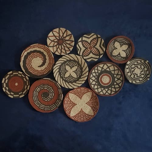 Set of 10 Brown and Brick African Wall Plate | Decorative Plate in Decorative Objects by Sarmal Design. Item made of bamboo & cotton compatible with boho and mid century modern style