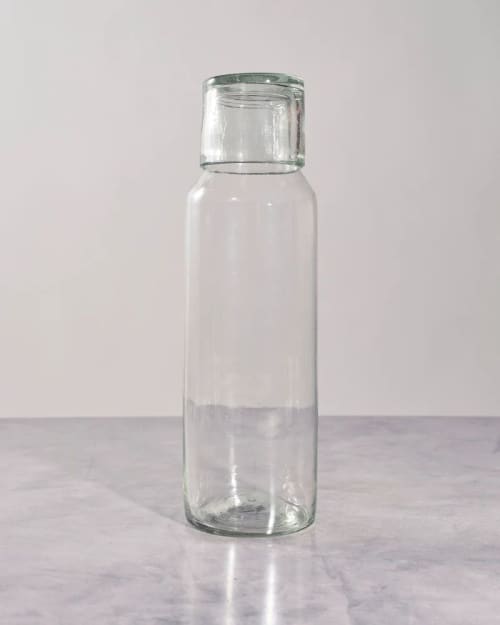Large Slim Glass Carafe with Cup | Vessels & Containers by TerraKlay. Item made of glass works with minimalism & mediterranean style