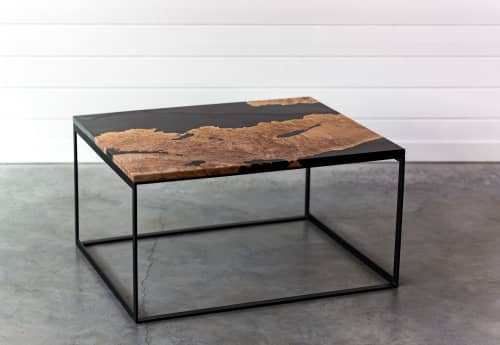 Maple Burl Live Edge Resin Coffee Table | Steel Base | Handmade | Modern Furniture | Tables by SAW Live Edge | SAW Live Edge Studio in Kimberley. Item composed of wood and steel