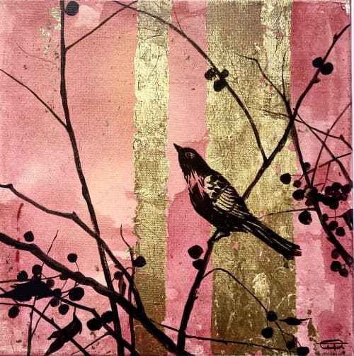Small painting with gold leafs, nature,trees, birds | Drawing in Paintings by Oplyart. Item composed of canvas in minimalism or contemporary style
