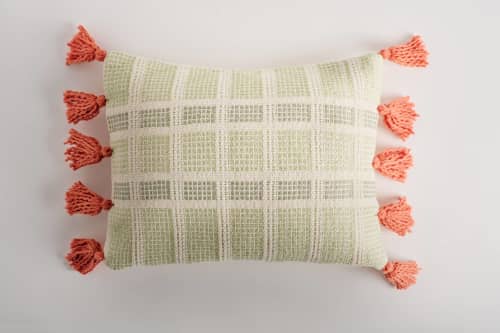 Tucan Toss Pillow Cover Mint & Sage Green with Tassels | Cushion in Pillows by Zuahaza by Tatiana | Casa Jaguar Cartagena in Cartagena de Indias. Item made of cotton works with boho & contemporary style