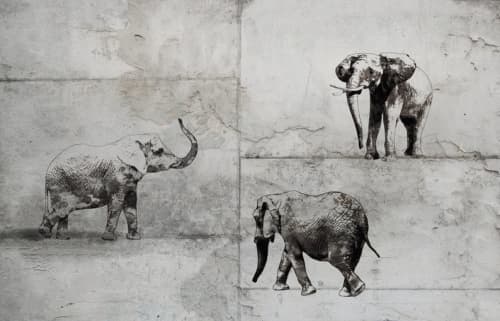 Rustic Elephants | Oil And Acrylic Painting in Paintings by Irena Orlov. Item composed of canvas and synthetic