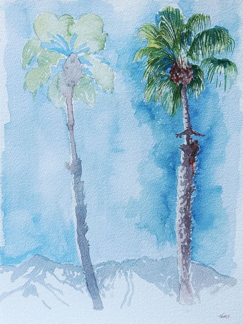 Dueling Palms | Watercolor Painting in Paintings by Catherine Twomey. Item composed of paper in mid century modern or contemporary style
