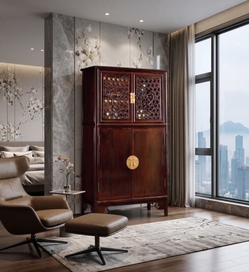 Ming Dynasty Style Plum Blossom Dragon Showcase Cabinet II | Storage by Dynasty Artisan. Item made of wood works with minimalism & contemporary style