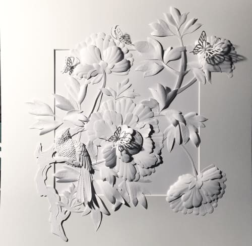 peonie e uccellino | Mixed Media by carlo urgese. Item made of paper works with japandi & modern style