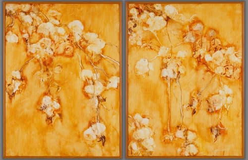 SOLD PRIVATE COLLECTION: CHERRY BLOSSOM GOLD - Diptych | Oil And Acrylic Painting in Paintings by Betty Jo Costanzo. Item composed of paper & synthetic