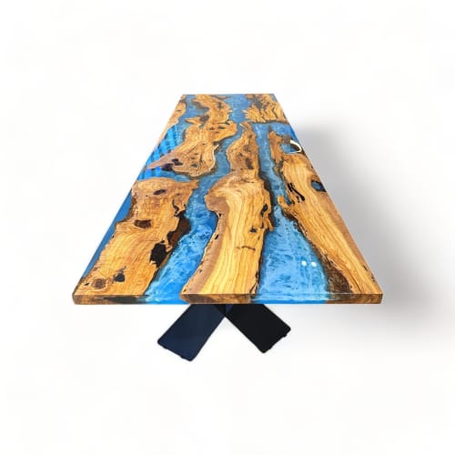Blue Ocean Epoxy Resin Table - Epoxy Wood Table - Live Edge | Dining Table in Tables by Tinella Wood. Item made of wood & metal compatible with contemporary and coastal style