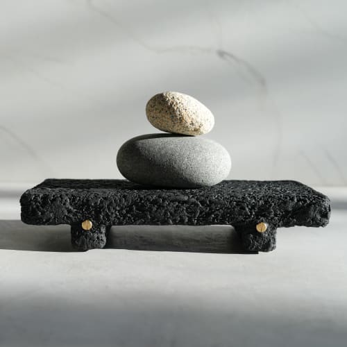 Large Shelf Riser in Carbon Black Concrete with Brass Rivets | Decorative Tray in Decorative Objects by Carolyn Powers Designs. Item composed of brass and concrete in minimalism or industrial style